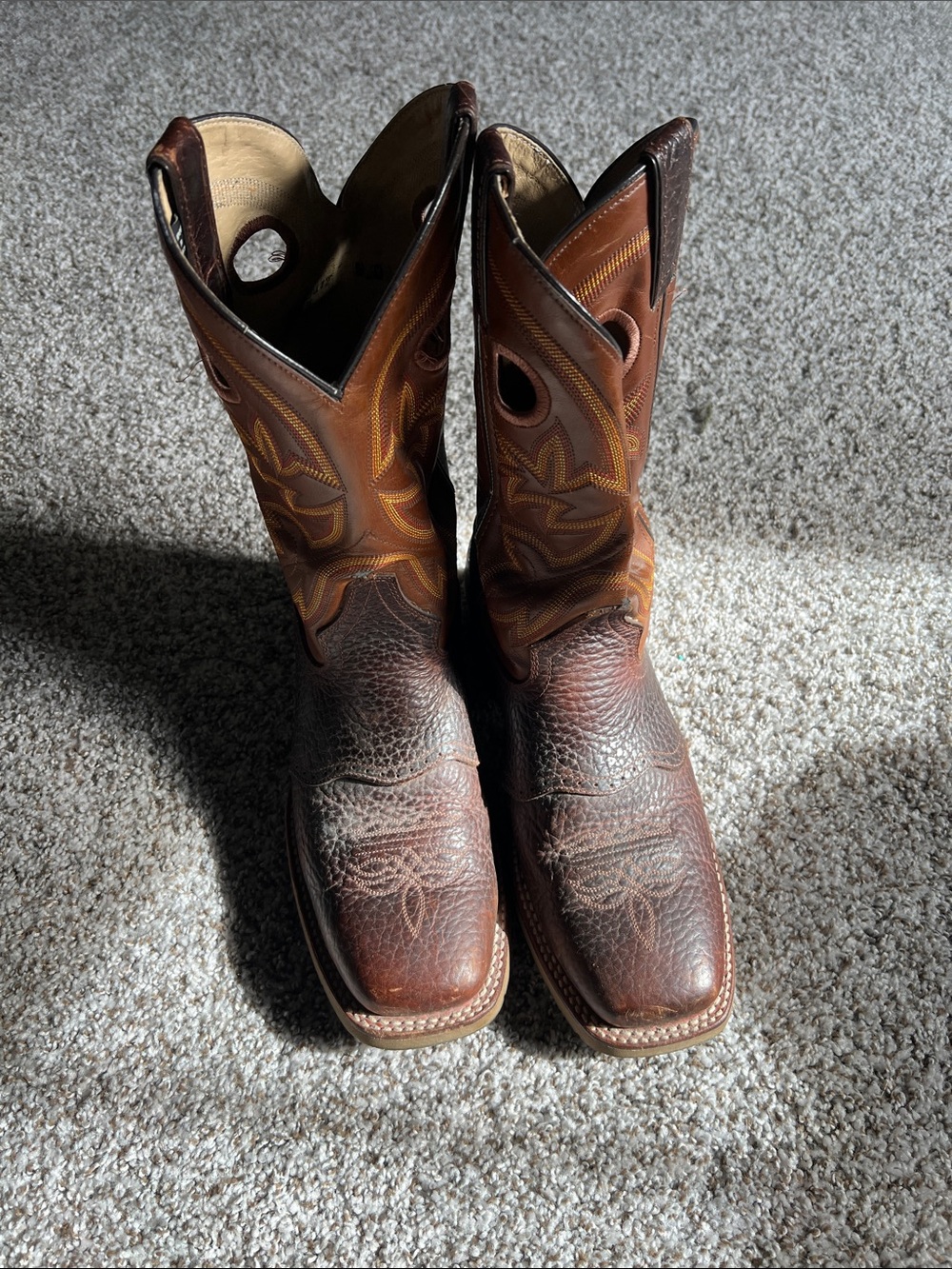 Double H Brown Leather Western Cowboy Boots with Tan Embroidered Shaft